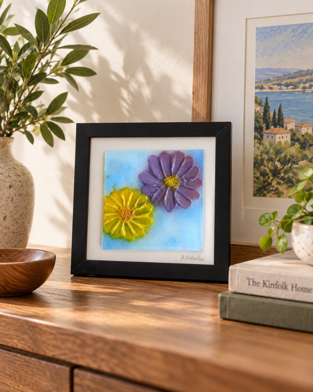 Two Blooms — Small Framed Fused Glass Art